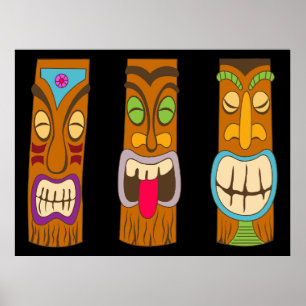 Poster Trois Statues Tiki En Bois, Noir Drôle