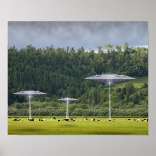 Poster Trois UFO avec le champ de l'affiche de vaches