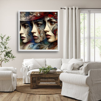 Poster Trois visages féminins élégants en profil - Œuvre 