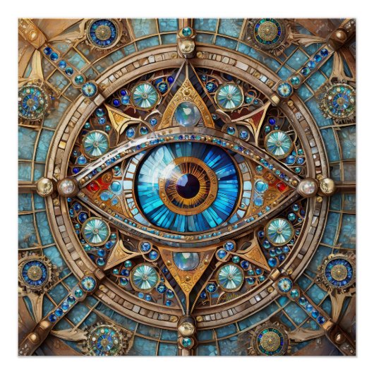 Poster Troisième Œil - Mandala Bleu Turquoise Or (Devant)