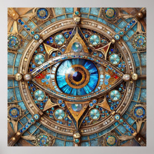 Poster Troisième Œil - Mandala Bleu Turquoise Or