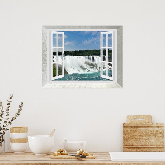 Poster Trompe l'oeil Cascade Fake Window View (Cuisine)