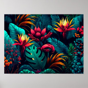 Poster Tropical background with exotic flowers and leaves