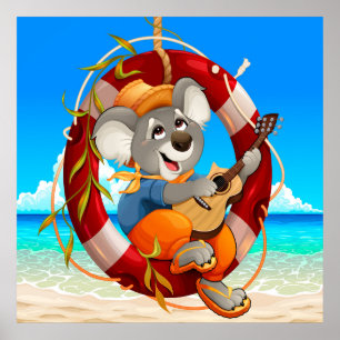 Poster Tropical Beach Guitar Jouer Koala