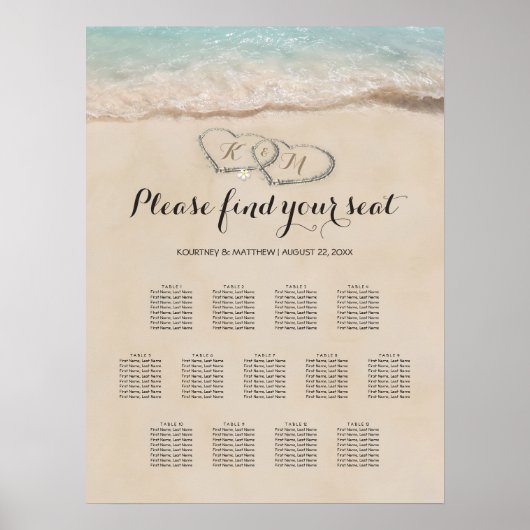 Poster Tropical Beach Heart Mariage 13 Seating Chart (Devant)
