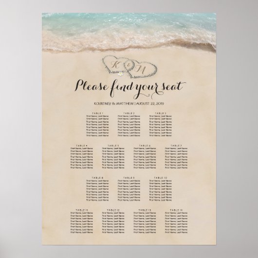 Poster Tropical Beach Heart Mariage 14 Seating Chart (Devant)