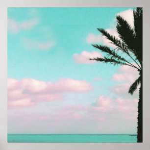 Poster Tropical Beach, Ocean View, Pink Clouds, Palm