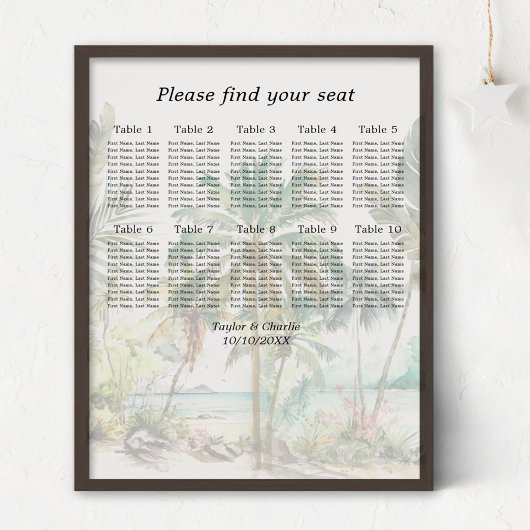 Poster Tropical Beach Wedding 10 Tables Seating Chart
