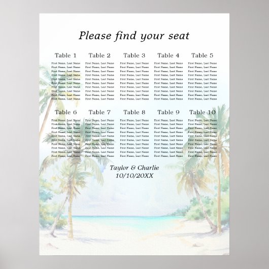 Poster Tropical Beach Wedding 10 Tables Seating Chart (Devant)