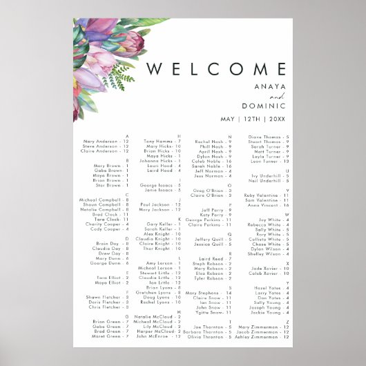 Poster Tropical coloré | Graphique de sièges alphabétique (Devant)