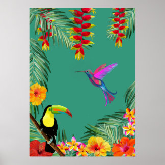 Poster Tropical Delight hummingbird toucan flowers 
