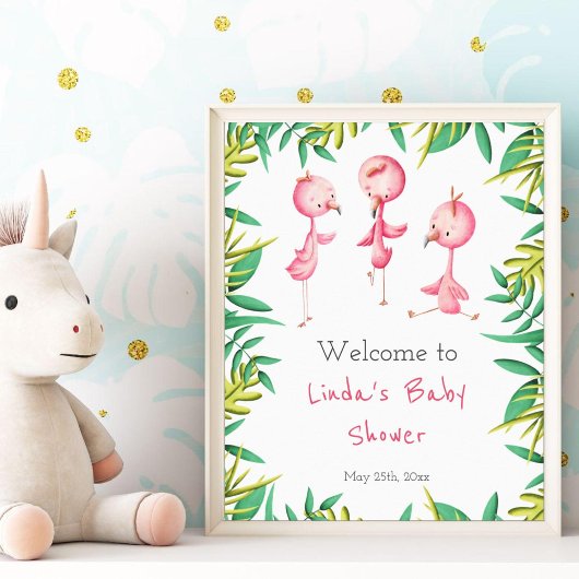 Poster Tropical Flamingo Triplets Baby Shower Welcome