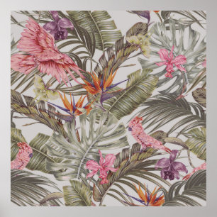 Poster Tropical flowers, palm leaves, bird of paradise