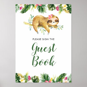 Poster Tropical Girl Sloth Baby shower livre d'invité