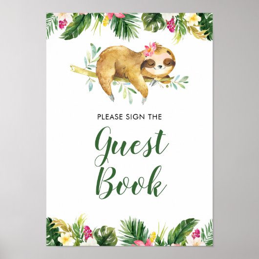 Poster Tropical Girl Sloth Baby shower livre d'invité (Devant)