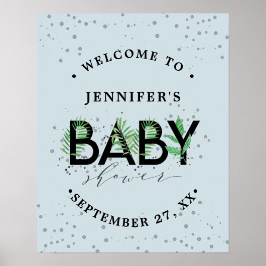 Poster Tropical Green Foliage Blue Boy Baby shower (Devant)