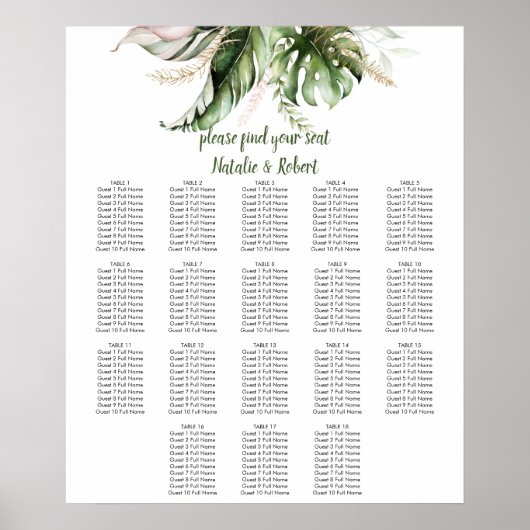 Poster Tropical Greenery Blush Pink Gold Seating Chart (Devant)