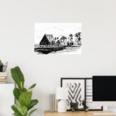 Poster Tropical Island Huts Palm Trees Totem Poles (Bureau à domicile)
