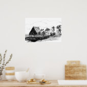 Poster Tropical Island Huts Palm Trees Totem Poles (Cuisine)