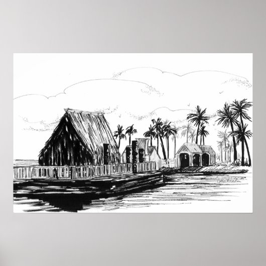 Poster Tropical Island Huts Palm Trees Totem Poles (Devant)