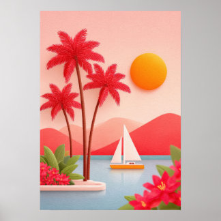 Poster  tropical island scene with palm trees,  sailboat