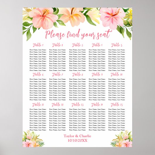 Poster Tropical Jungle Wedding 15 Tables Seating Chart (Devant)