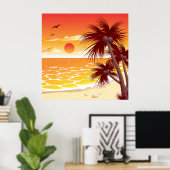 Poster Tropical Sunset Beach Palm Tree Island (Bureau à domicile)