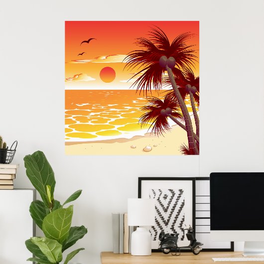 Poster Tropical Sunset Beach Palm Tree Island (Bureau à domicile)