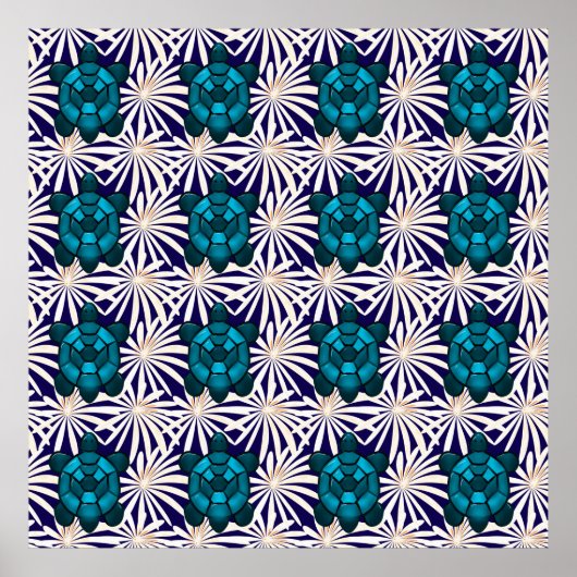 Poster Tropical Turtle Floral Pattern Seamless Sea Turtle (Devant)
