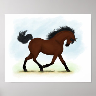 Poster Trotting Bay Horse Equestrian Pony