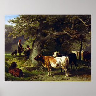 Poster Troupeau de berger et de vache à l'étang