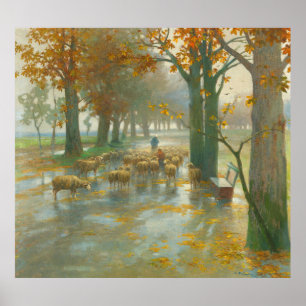 Poster Troupeau de moutons avec bergère par un jour de pl