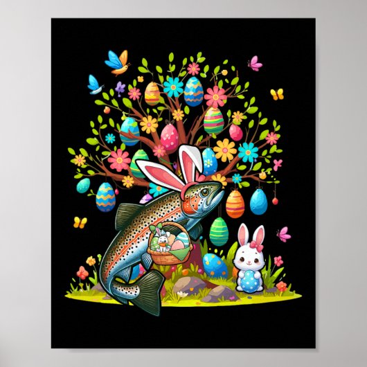 Poster Trout Fish Bunny Easter Eggs Cute Tree Costume Hun (Devant)