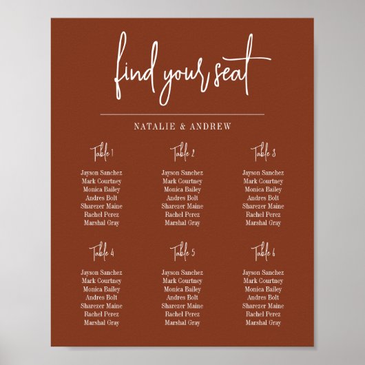Poster Trouvez votre siège Boho Terracotta Script Mariage (Devant)
