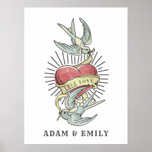 Poster True Love Vintage Tattoo Birds with Heart