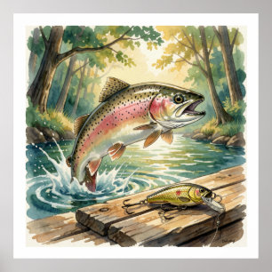 Poster Truite arc-en-ciel sautant dans un ruisseau forest