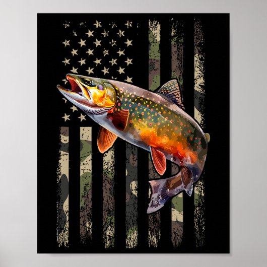 Poster Truite Brune Tachetée Drapeau Américain Pêche (Devant)