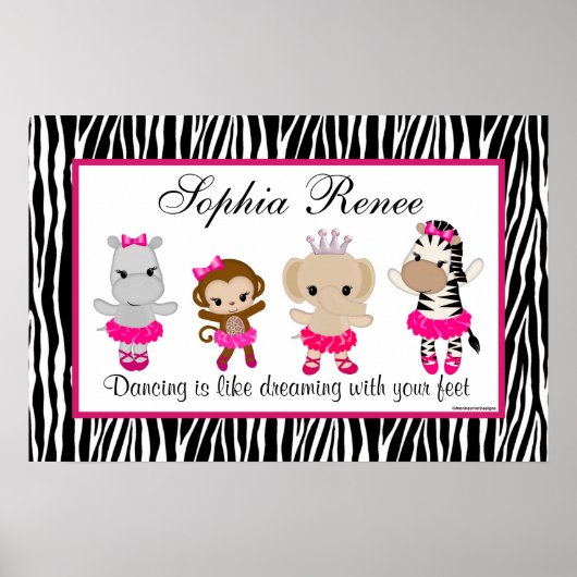 Poster Tu Tu Cute Ballerina Art Print Monkey Zebra (Devant)