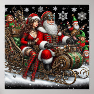 Poster Tuile de Steampunk ~ Père Noël Avec Femme & Elfes 