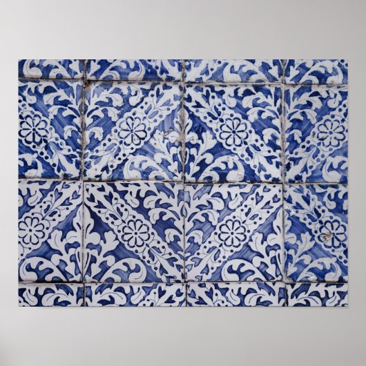 Poster Tuiles portugaises - Azulejo Floral bleu et blanc (Devant)