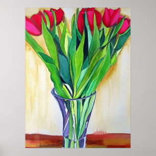 Poster Tulière rouge et rose aquarelle fleurs art