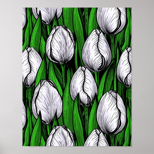 Poster Tulières blanches avec feuilles verts (Devant)
