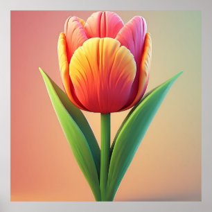 Poster Tulipe Colorée en Fleur avec Feuilles Vertes