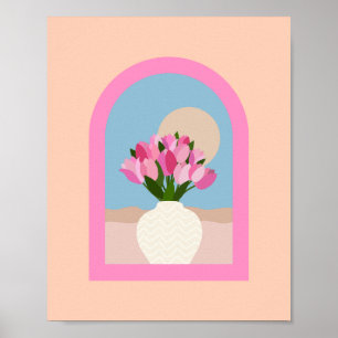 Poster Tulipes Dans Un Vase Rose Orange Et Floral Bleu