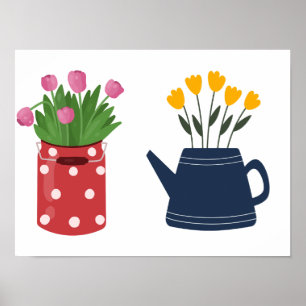 Poster Tulipes jaunes et roses dans deux vases