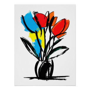 Poster Tulipes rouge orange vibrant Ligne florale noire a