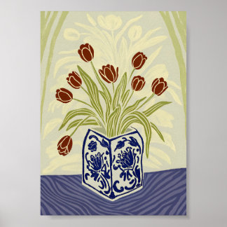Poster Tulipes rouges dans un vase en chinoiserie bleu ca