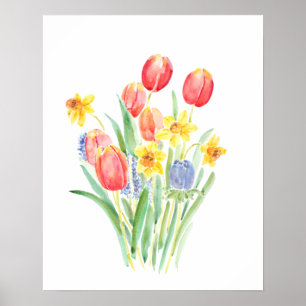 Poster tulipes rouges et jonquilles jaunes aquarelle