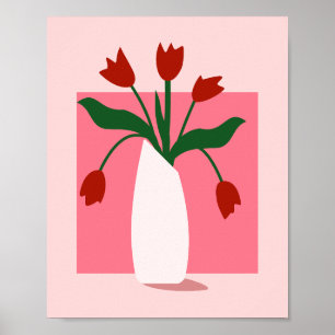 Poster Tulipes Rouges Minimalistes dans un Vase Rose Art