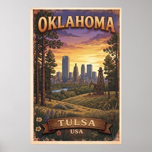 Poster Tulsa Skyline Sunset Illustration (Devant)